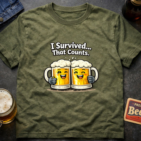 **“I Survived, That Counts” – Funny Beer Lover T‑Shirt**