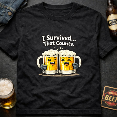 **“I Survived, That Counts” – Funny Beer Lover T‑Shirt**