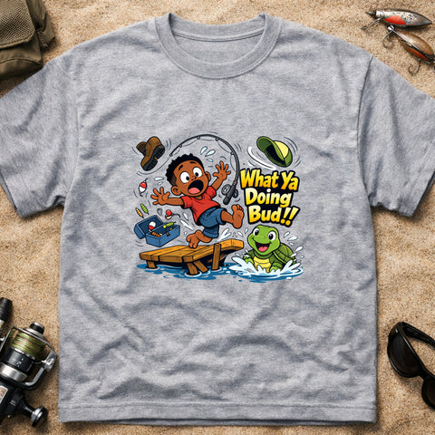 **“What Ya Doing Bud!!” – Funny Turtle Fishing T‑Shirt** | Unisex