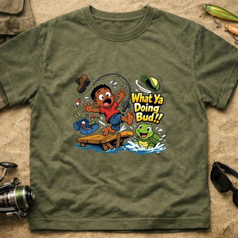 **“What Ya Doing Bud!!” – Funny Turtle Fishing T‑Shirt** | Unisex