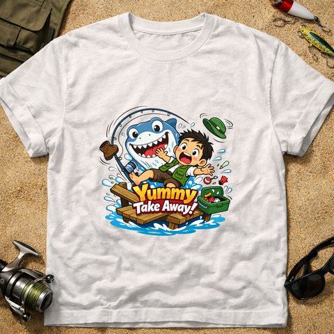 **“Yummy Take Away!” – Funny Shark Fishing T‑Shirt** | Unisex
