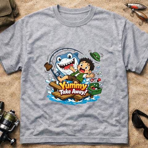 **“Yummy Take Away!” – Funny Shark Fishing T‑Shirt** | Unisex