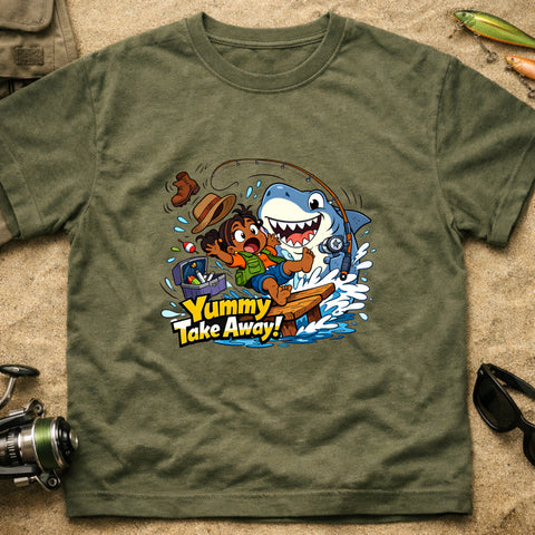 **“Yummy Take Away!” – Funny Shark Fishing T‑Shirt** | Unisex