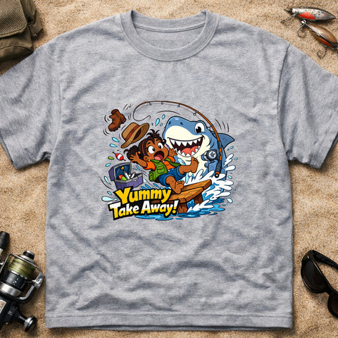 **“Yummy Take Away!” – Funny Shark Fishing T‑Shirt** | Unisex