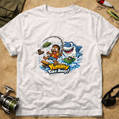 **“Yummy Take Away!” – Funny Shark Fishing T‑Shirt** | Unisex