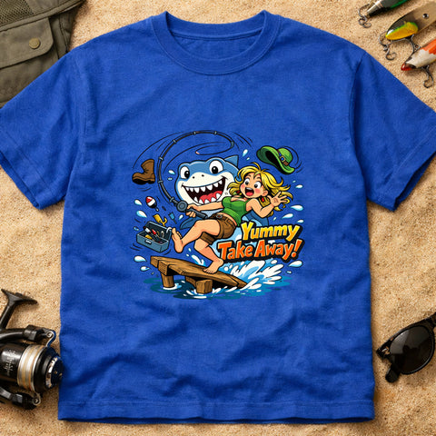 **“Yummy Take Away!” – Funny Shark Fishing T‑Shirt** | Unisex