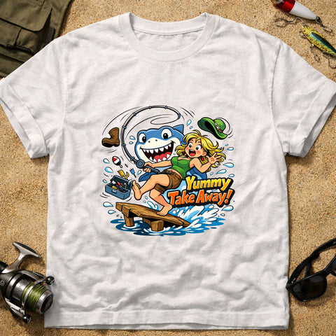 **“Yummy Take Away!” – Funny Shark Fishing T‑Shirt** | Unisex