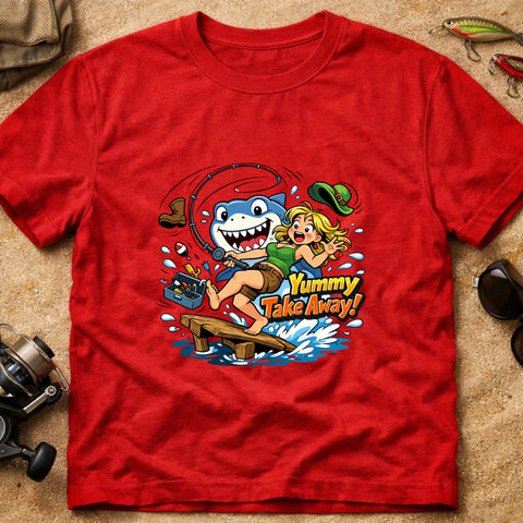 **“Yummy Take Away!” – Funny Shark Fishing T‑Shirt** | Unisex