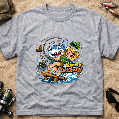 **“Yummy Take Away!” – Funny Shark Fishing T‑Shirt** | Unisex