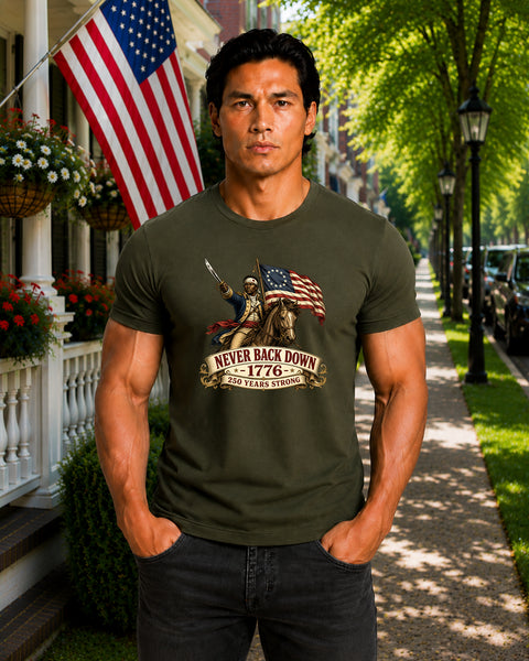 # ⭐ **Never Back Down – Horseback Patriot** – America‑250 Edition | Unisex**