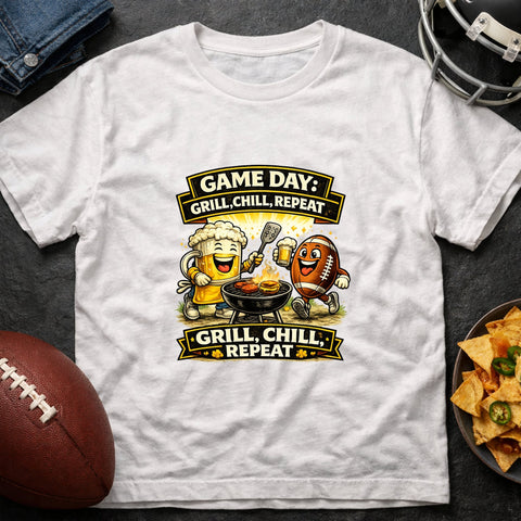 Game Day – Grill Chill Repeat – Funny Tailgate T-Shirt - Laugh Suppy