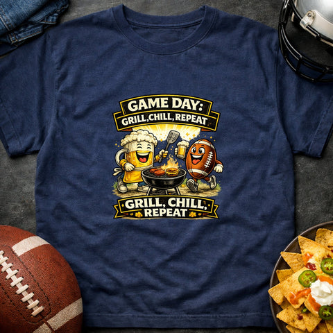 Game Day – Grill Chill Repeat – Funny Tailgate T-Shirt - Laugh Suppy