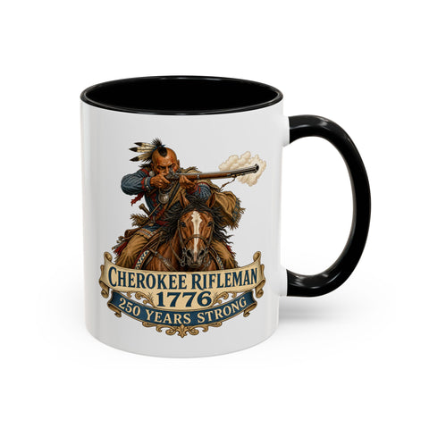 Cherokee Rifleman Coffee Mug — 1776 Mounted Warrior Shooting A Musket