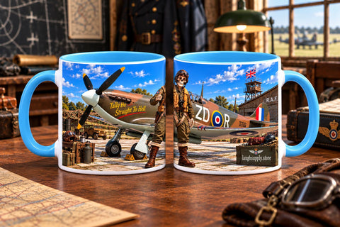 Skeleton Spitfire Pilot Mug – RAF WWII Retro Aviation Coffee Mug – Funny Dark Humor Gift for Pilots