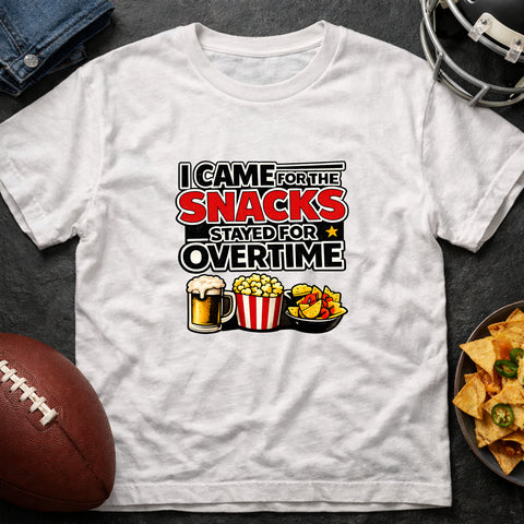 **“I Came for the Snacks, Stayed for Overtime” – Funny Game Day T‑Shirt**