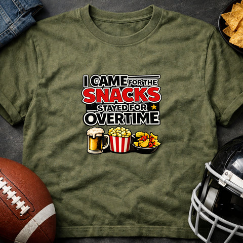 **“I Came for the Snacks, Stayed for Overtime” – Funny Game Day T‑Shirt**