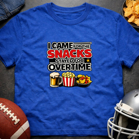 **“I Came for the Snacks, Stayed for Overtime” – Funny Game Day T‑Shirt**
