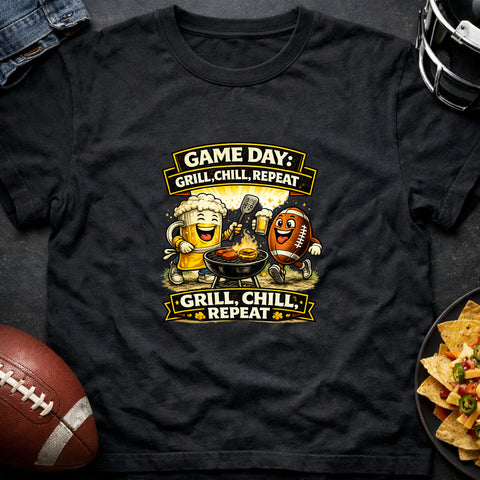 **“Game Day – Grill Chill Repeat” – Funny Tailgate T‑Shirt**