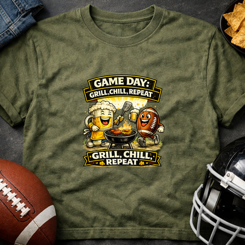 **“Game Day – Grill Chill Repeat” – Funny Tailgate T‑Shirt**