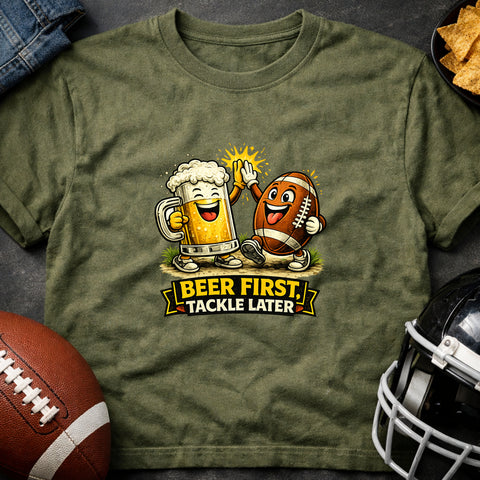 **“Beer First, Tackle Later” – Funny Football Tailgate T‑Shirt**