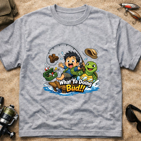 **“What’Ya Doing Bud!!” – Funny Turtle Fishing T‑Shirt** | Unisex