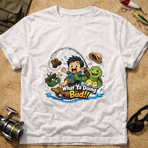 **“What’Ya Doing Bud!!” – Funny Turtle Fishing T‑Shirt** | Unisex