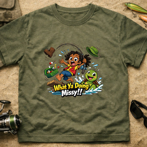 **“What Ya Doing Missy!!” – Funny Turtle Fishing T‑Shirt** | Unisex