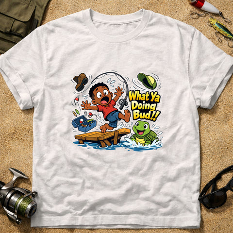**“What Ya Doing Bud!!” – Funny Turtle Fishing T‑Shirt** | Unisex