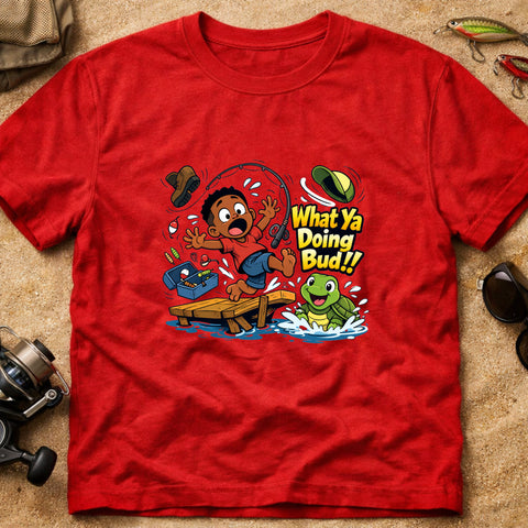 **“What Ya Doing Bud!!” – Funny Turtle Fishing T‑Shirt** | Unisex