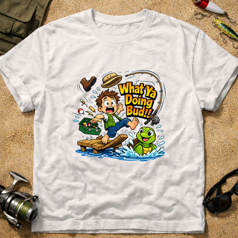 **“What Ya Doing Bud!!” – Funny Turtle Fishing T‑Shirt** | Unisex