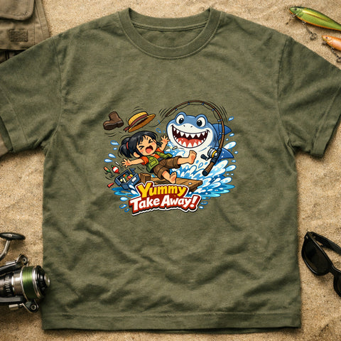 **“Yummy Take Away!” – Funny Shark Fishing T‑Shirt**