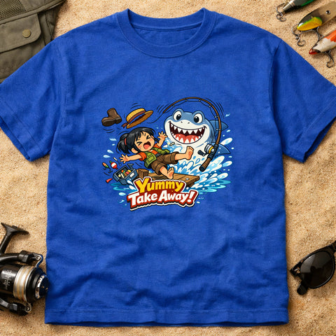**“Yummy Take Away!” – Funny Shark Fishing T‑Shirt**