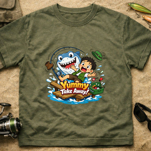 **“Yummy Take Away!” – Funny Shark Fishing T‑Shirt** | Unisex