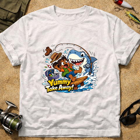 **“Yummy Take Away!” – Funny Shark Fishing T‑Shirt** | Unisex