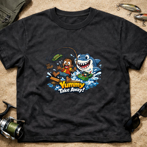 **“Yummy Take Away!” – Funny Shark Fishing T‑Shirt** | Unisex