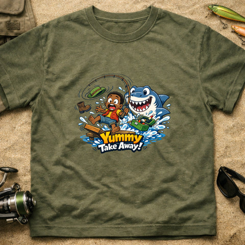 **“Yummy Take Away!” – Funny Shark Fishing T‑Shirt** | Unisex