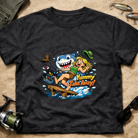 **“Yummy Take Away!” – Funny Shark Fishing T‑Shirt** | Unisex
