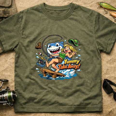 **“Yummy Take Away!” – Funny Shark Fishing T‑Shirt** | Unisex