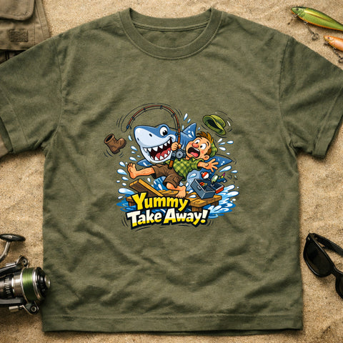 **“Yummy Take Away!” – Funny Shark Fishing T‑Shirt**