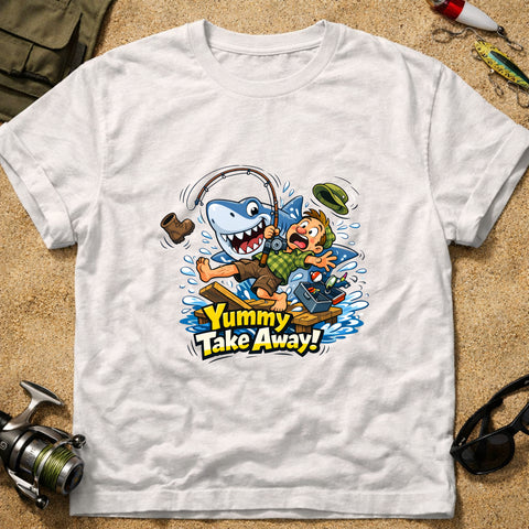 **“Yummy Take Away!” – Funny Shark Fishing T‑Shirt**