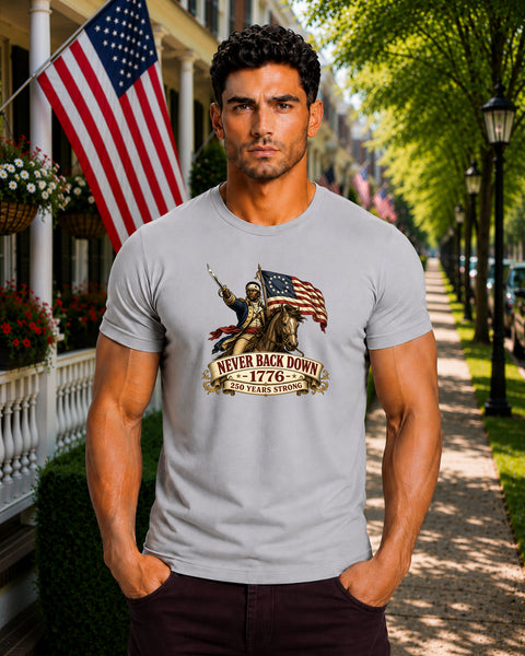 # ⭐ **Never Back Down – Horseback Patriot** – America‑250 Edition | Unisex**