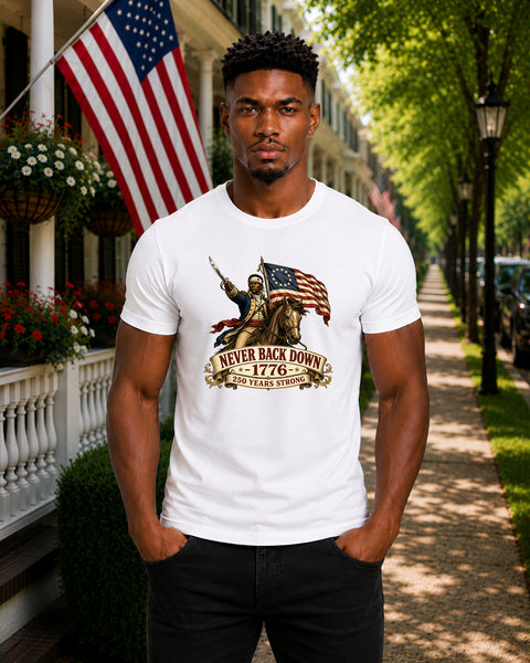 # ⭐ **Never Back Down – Horseback Patriot** – America‑250 Edition | Unisex**