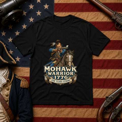 # ⭐ **Mohawk Warrior On Horseback Shooting A Musket – 1776 – 250 Years Strong | Unisex**