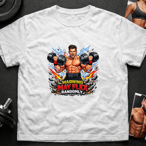 Warning May Flex Randomly – Brunette Hair Caucasian Male Dumbbells Edition - Laugh Suppy