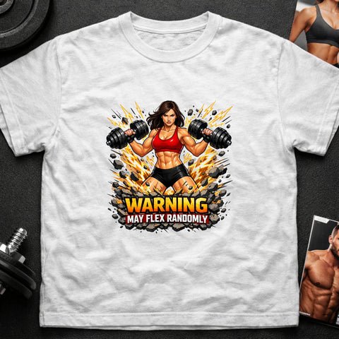 Warning May Flex Randomly – Brunette Hair Caucasian Female Dumbbells Edition - Laugh Suppy